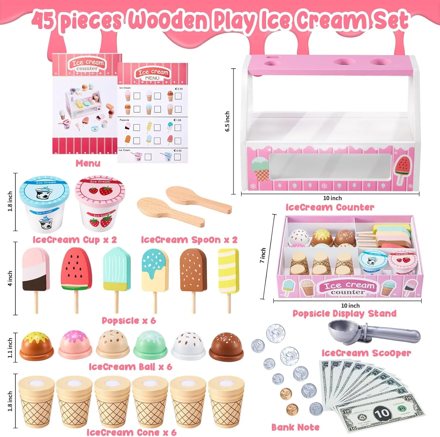 WHOHOLL Wooden Ice Cream Counter Playset for Toddler Girl Toys, Play Store Pretend Toy Food Play Kitchen Accessories with Fake Money & Coin, Gifts for 3  Year-Old Kids (Pink)