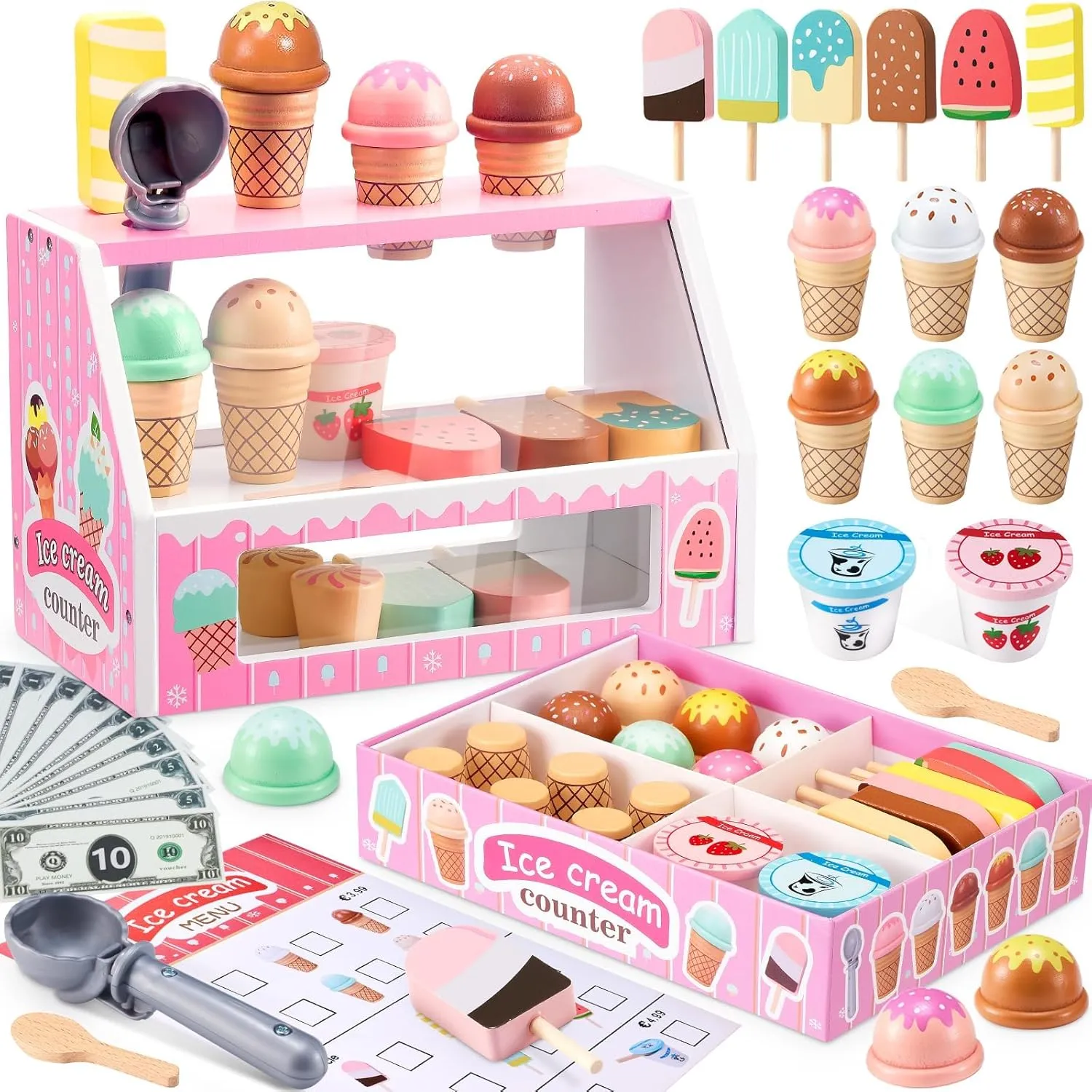 WHOHOLL Wooden Ice Cream Counter Playset for Toddler Girl Toys, Play Store Pretend Toy Food Play Kitchen Accessories with Fake Money & Coin, Gifts for 3  Year-Old Kids (Pink)