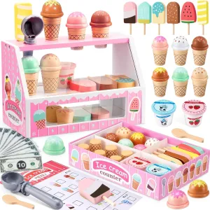 WHOHOLL Wooden Ice Cream Counter Playset for Toddler Girl Toys, Play Store Pretend Toy Food Play Kitchen Accessories with Fake Money & Coin, Gifts for 3  Year-Old Kids (Pink)