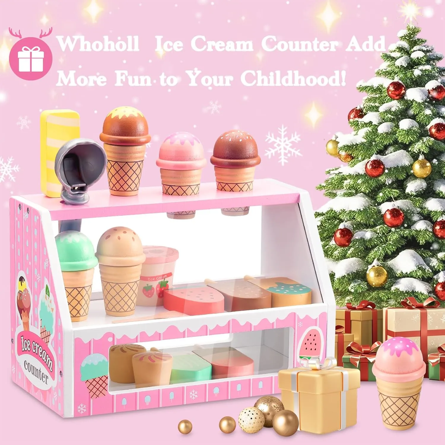 WHOHOLL Wooden Ice Cream Counter Playset for Toddler Girl Toys, Play Store Pretend Toy Food Play Kitchen Accessories with Fake Money & Coin, Gifts for 3  Year-Old Kids (Pink)