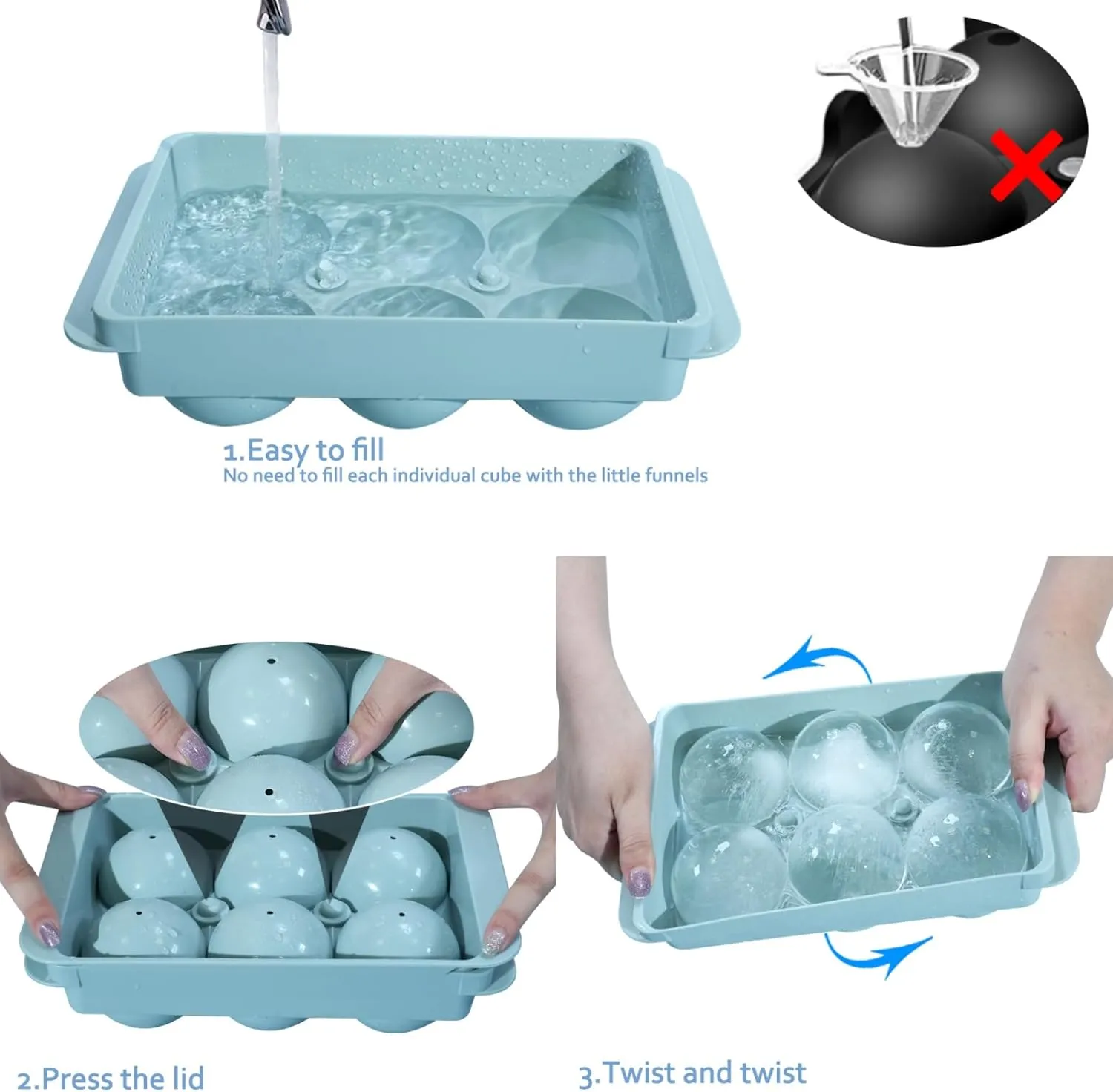 WIBIMEN Large Ice Cube Molds, Big Round Whiskey Ice Cube Trays for Freezer, Easy to Fill & Release, Whiskey Bourbon Cocktail(2.5In*6 Balls- Blue/2 Pack)