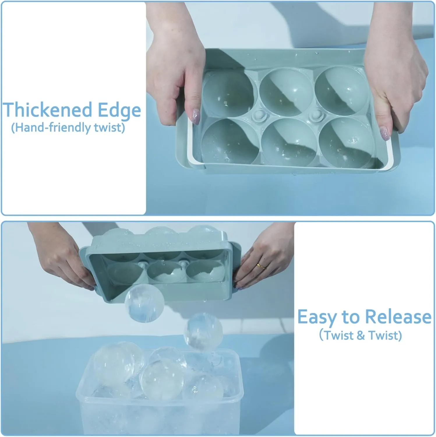 WIBIMEN Large Ice Cube Molds, Big Round Whiskey Ice Cube Trays for Freezer, Easy to Fill & Release, Whiskey Bourbon Cocktail(2.5In*6 Balls- Blue/2 Pack)