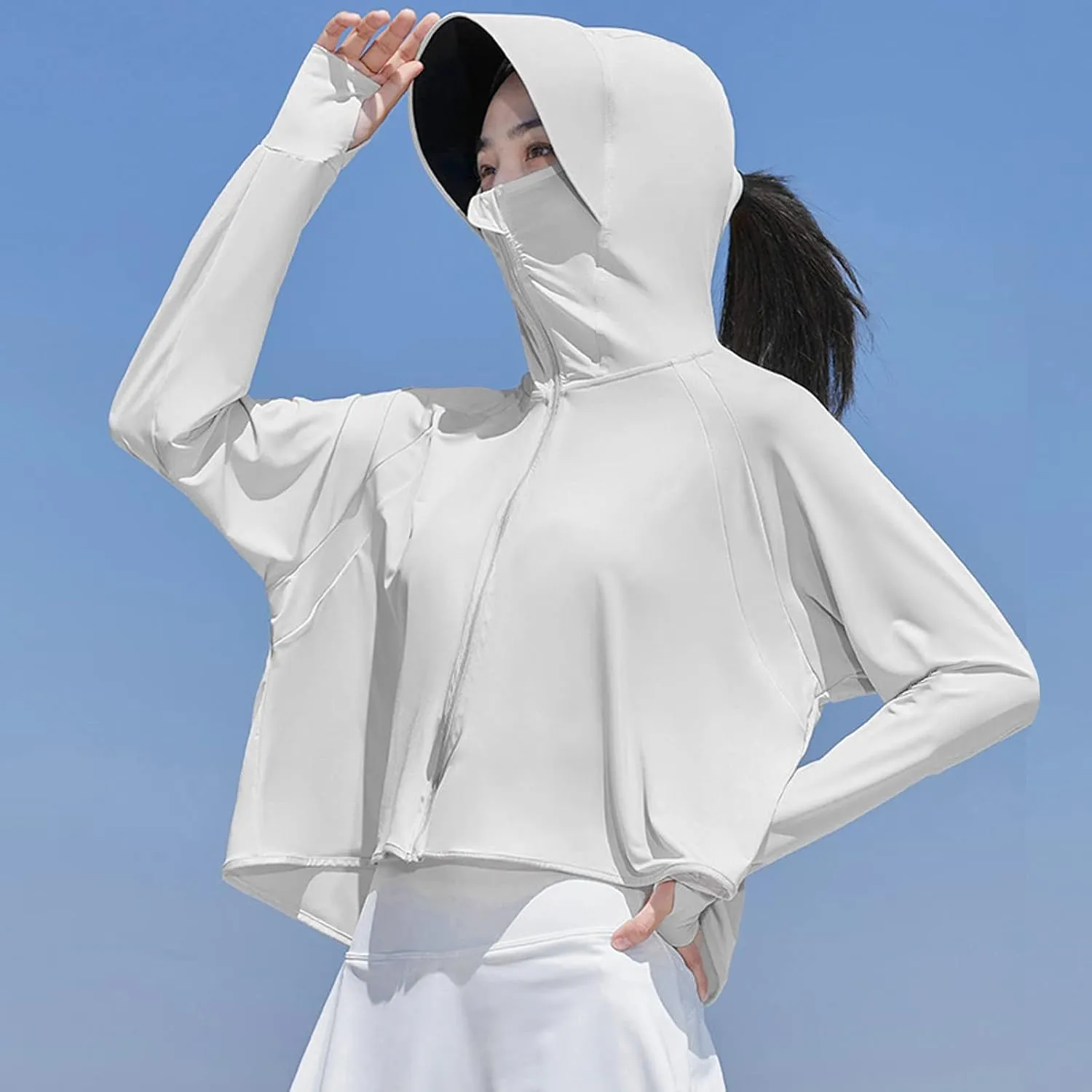 Women SPF Uv Sun Protection Shirts Athletic Jacket Crop Full Zip Outdoor Running Fishing T Shirts for Women Hooded