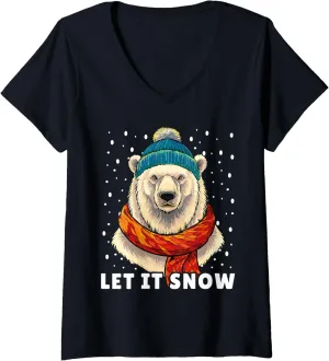 Womens Funny Polar Bear Tee Winter Christmas Ice Bear Let It Snow V-Neck T-Shirt