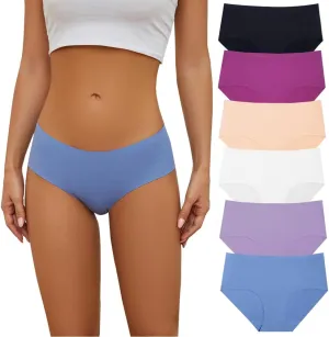 Women's Seamless Briefs Pack of 6 Ice Silk Panties Mid-waist Laser Cut No Show Underwear