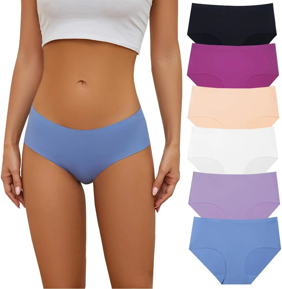 Women's Seamless Briefs Pack of 6 Ice Silk Panties Mid-waist Laser Cut No Show Underwear