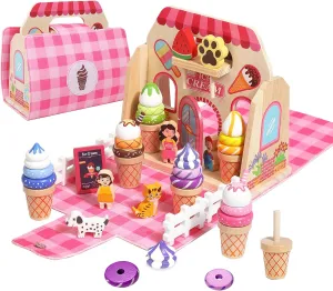 Wooden Ice Cream Shop Set with Handbag, 39 Pcs Pretend Play Food Toys for Kids, Montessori Kitchen Playset Accessories for Toddlers Girls Boys 3 4 5