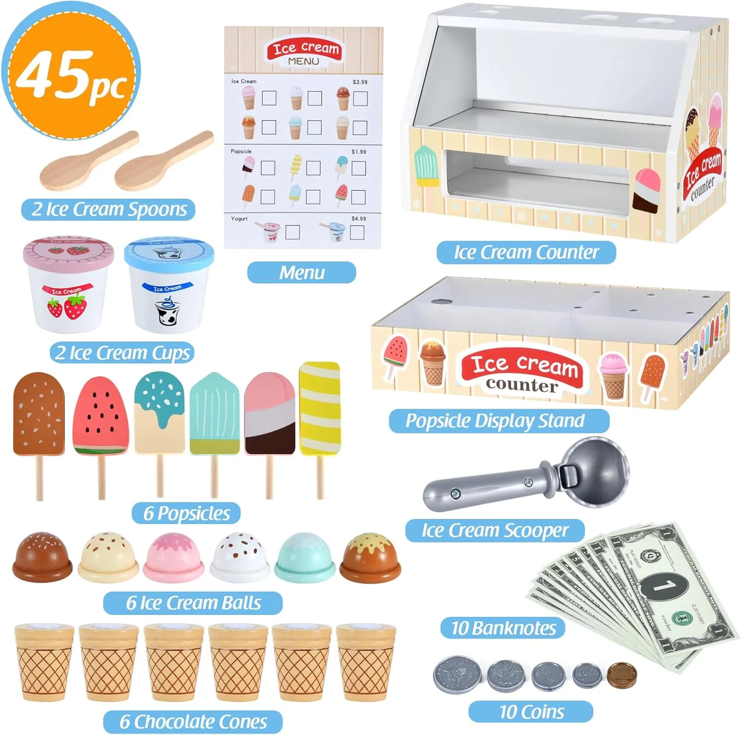 Wooden Ice Cream Toys Kids Play Store Pretend Toy for Toddlers, Play Kitchen Accessories with Scoop & Menu & Fake Money, Ideal Ice Cream Play Set Gifts for 3 4 5 6 7 8 Year Old Girls Boys