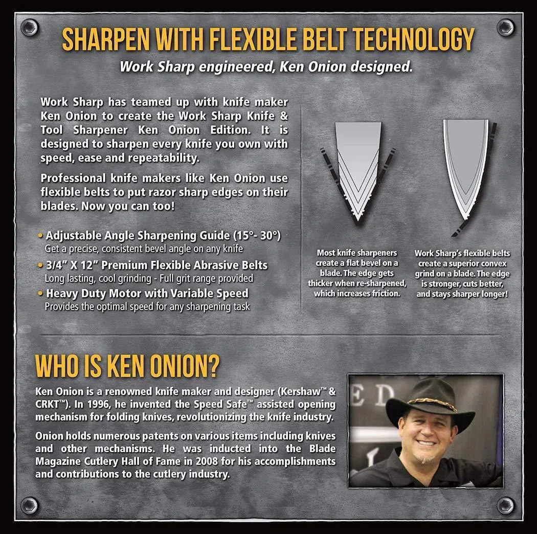 Work Sharp Knife & Tool Sharpener Ken Onion Edition - sharpening angles from 15° to 30°, flexible abrasive belts, variable speed motor, multi-positioning sharpening