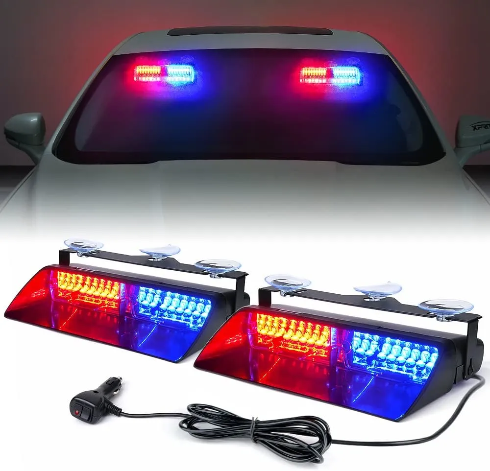Xprite 2×11 inch High Intensity Red Blue 32 LED Emergency Strobe Dash Lights, Interior Windshield Flashing Police Light w/Suction Cups for Police Law Enforcement POV Vehicles Trucks
