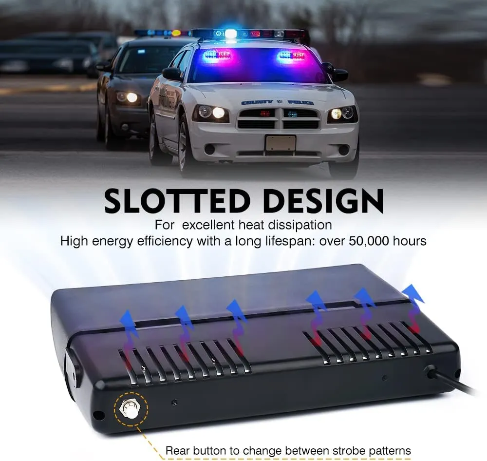 Xprite 2×11 inch High Intensity Red Blue 32 LED Emergency Strobe Dash Lights, Interior Windshield Flashing Police Light w/Suction Cups for Police Law Enforcement POV Vehicles Trucks