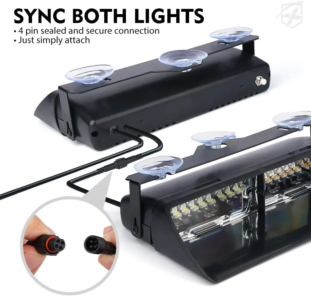 Xprite 2×11 inch High Intensity Red Blue 32 LED Emergency Strobe Dash Lights, Interior Windshield Flashing Police Light w/Suction Cups for Police Law Enforcement POV Vehicles Trucks