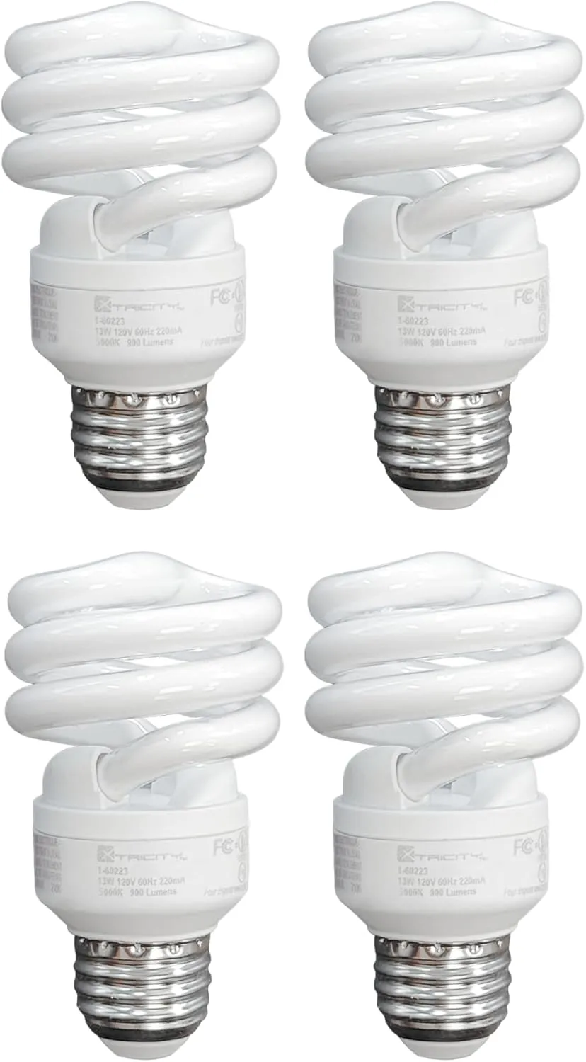 Xtricity Compact Fluorescent Light Bulbs T2 Spiral, E26 Base, 13W (60W Equivalent), 5000k Daylight, 900 Lumens, CFL, 120V - UL Listed, (4 Pack)
