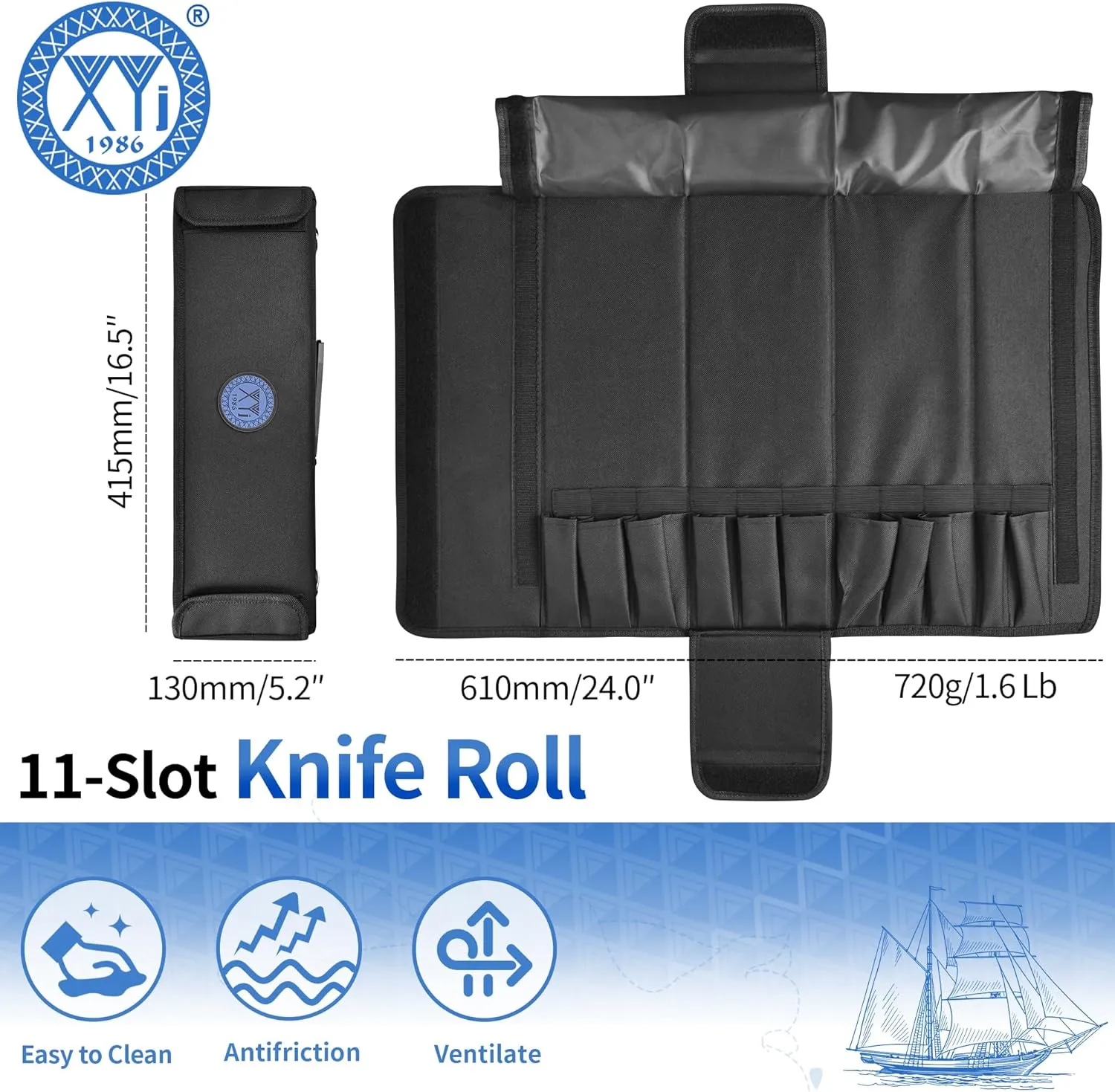 XYJ Authentic Since 1986, Knife Roll, 11 Slots Chef Knife Bag, Carrying Case, Professional Chef Storage Case with Shoulder Strap, Knife Carrier Travel Knives Roll Bag for Kitchen Knives, Utensil