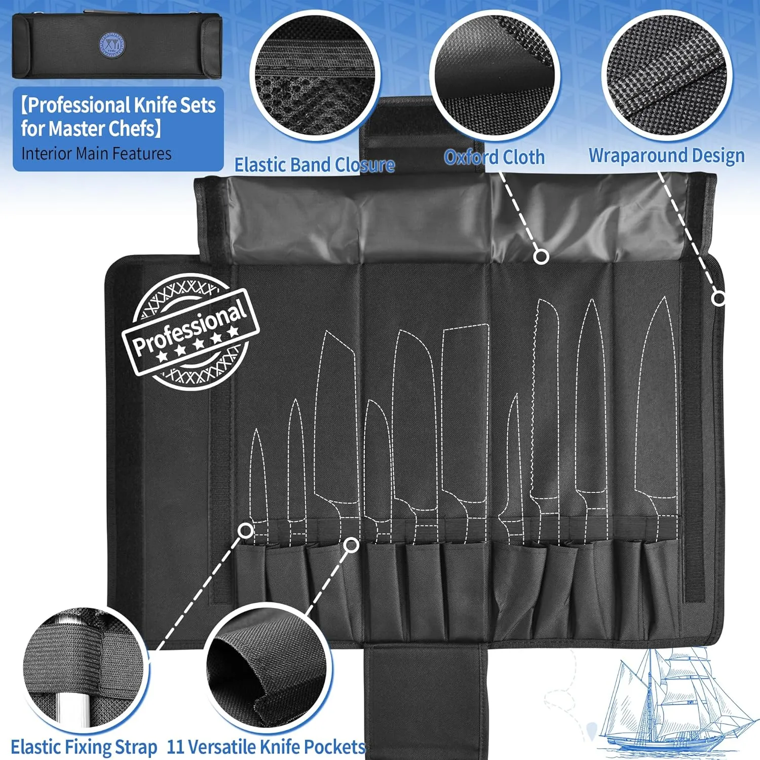 XYJ Authentic Since 1986, Knife Roll, 11 Slots Chef Knife Bag, Carrying Case, Professional Chef Storage Case with Shoulder Strap, Knife Carrier Travel Knives Roll Bag for Kitchen Knives, Utensil