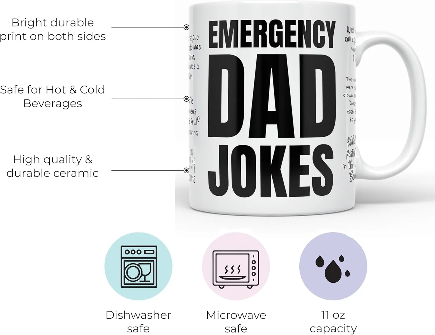 YouNique Designs Emergency Dad Jokes Dad Mug from Daughter, Son or Wife, 11 Oz, Dad Mug, Cup for Dad who Wants Nothing, Coffee Mugs for Men who Have Everything, Husband Cup from Wife