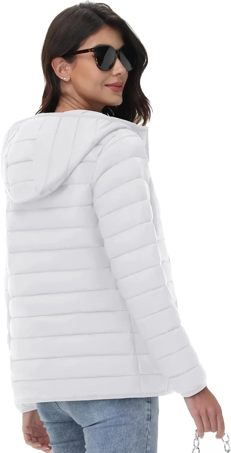 YUCOLEN Women's Puffer Jacket with Hood Lightweight Quilted Padded 4 Pockets Zip-up Coat Winter Jackets for Women