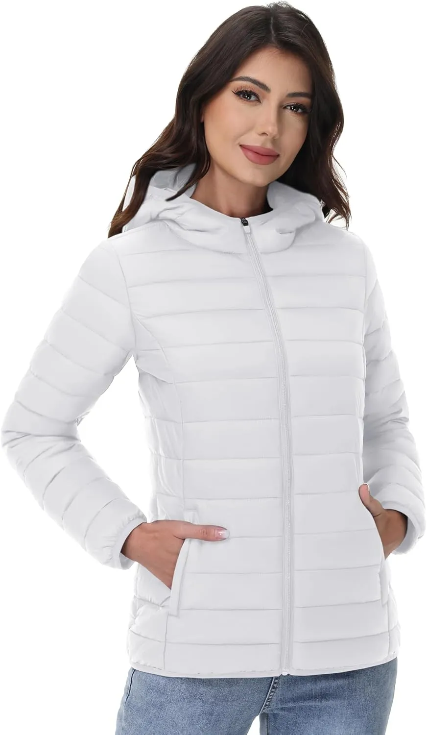 YUCOLEN Women's Puffer Jacket with Hood Lightweight Quilted Padded 4 Pockets Zip-up Coat Winter Jackets for Women