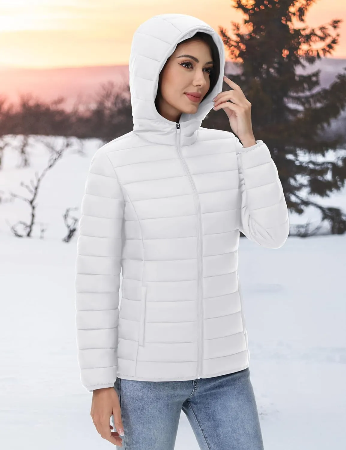 YUCOLEN Women's Puffer Jacket with Hood Lightweight Quilted Padded 4 Pockets Zip-up Coat Winter Jackets for Women