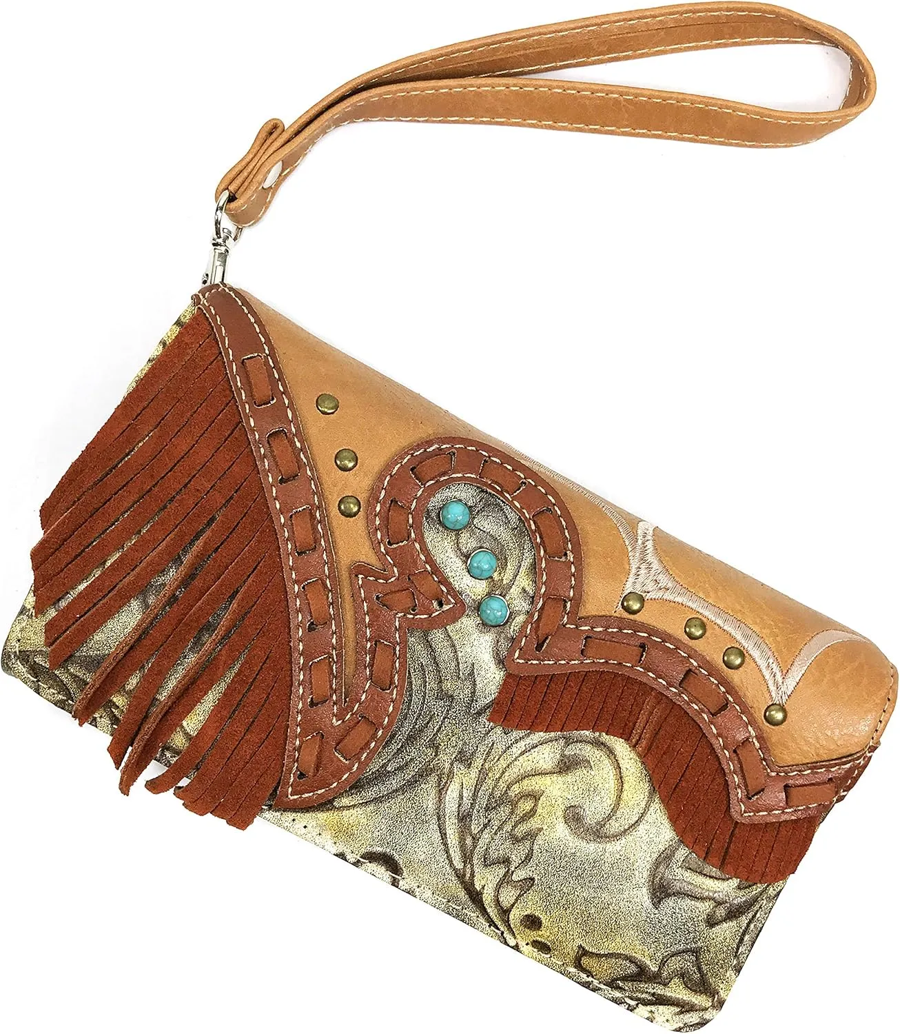 Zelris Women Crossbody Wallet Turquoise Concho Suede Fringe Two Tone Cowgirl Trifold Open