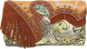 Zelris Women Crossbody Wallet Turquoise Concho Suede Fringe Two Tone Cowgirl Trifold Open
