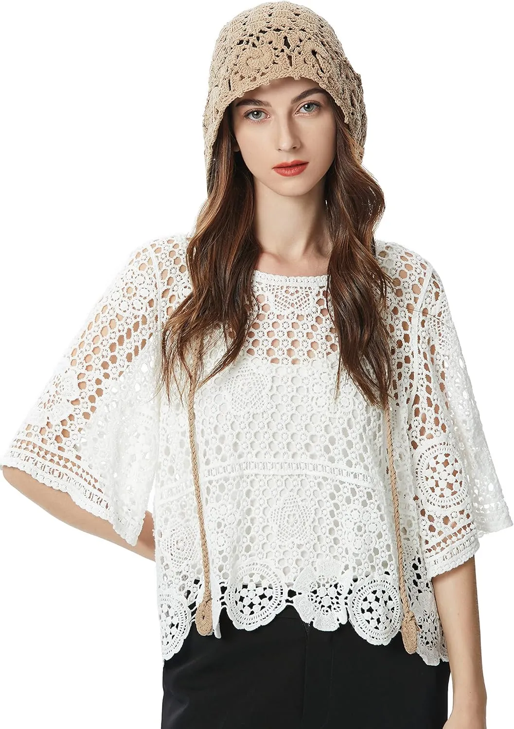 ZLYC Women Cotton Crochet Knit Beanie Hat Handmade Summer Floral Skull Cap