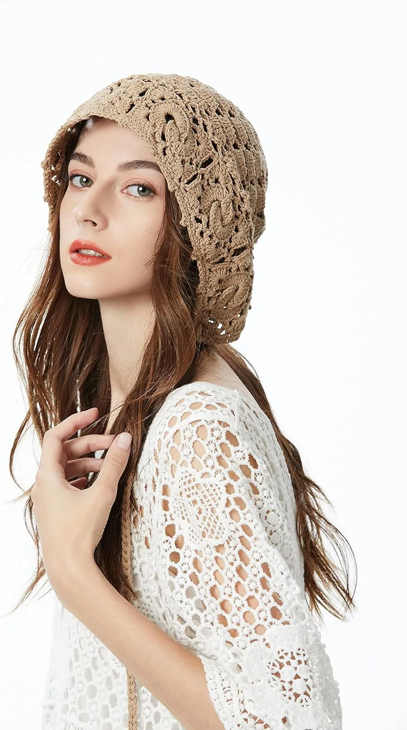 ZLYC Women Cotton Crochet Knit Beanie Hat Handmade Summer Floral Skull Cap