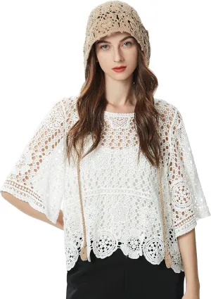 ZLYC Women Cotton Crochet Knit Beanie Hat Handmade Summer Floral Skull Cap